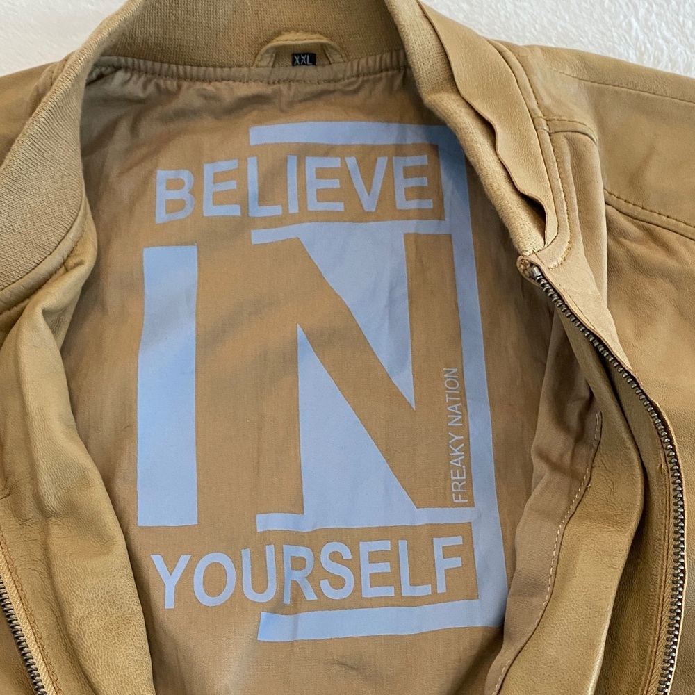 Freaky Nation Believe in Yourself Men's Tan Leather Jacket. Designed in Germany - Picture 4 of 14